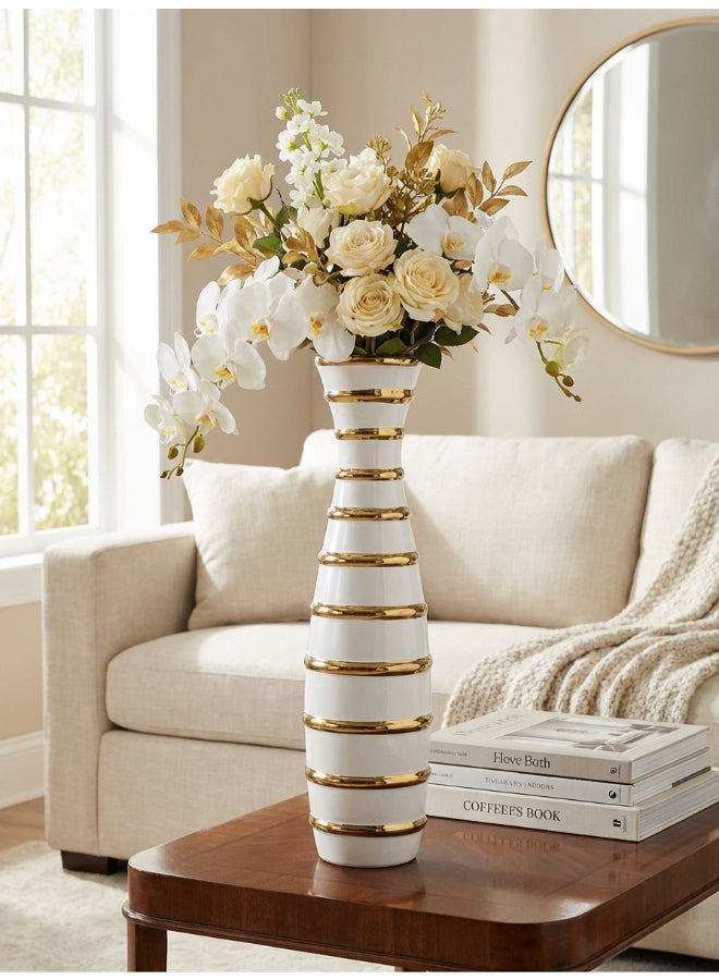 ايست من نون Ceramic Vase for Floral Decorative arrangement, Ht-44 cm |  Gold White Color | Ribbed Rays Design | Size -10.5x10.5x44 cm | Perfect for decorativing your living room, Ideal for decorating coffee table, dinning table, console table or any office or living space - Image 2